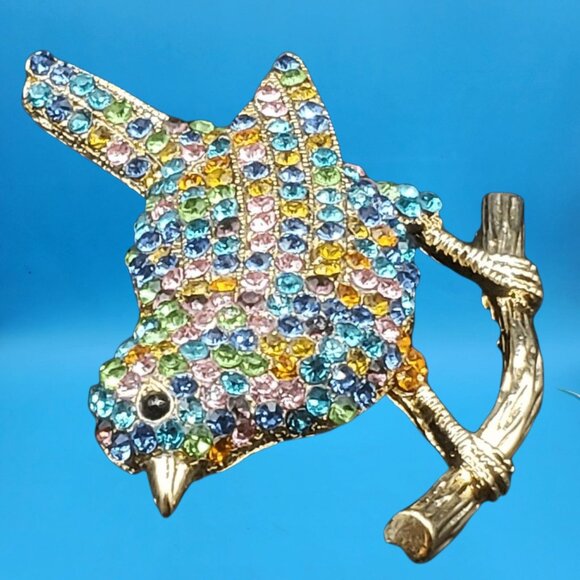 Colorful Rhinestone Bird Brooch Pin • Sparkling Rainbow Crystal Bird on Branch • - Picture 4 of 5
